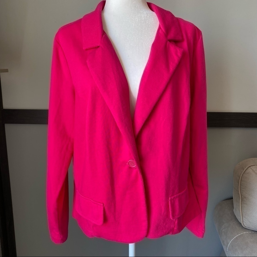 Bold hot pink ponte knit jacket blazer statement cheerful office Barbie work 1X